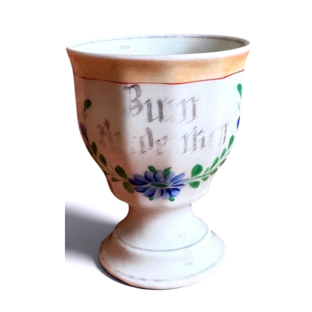 Vintage Porcelain Pedestal Cup: "Burn Into the Fire" Souvenir MugItem Specifics